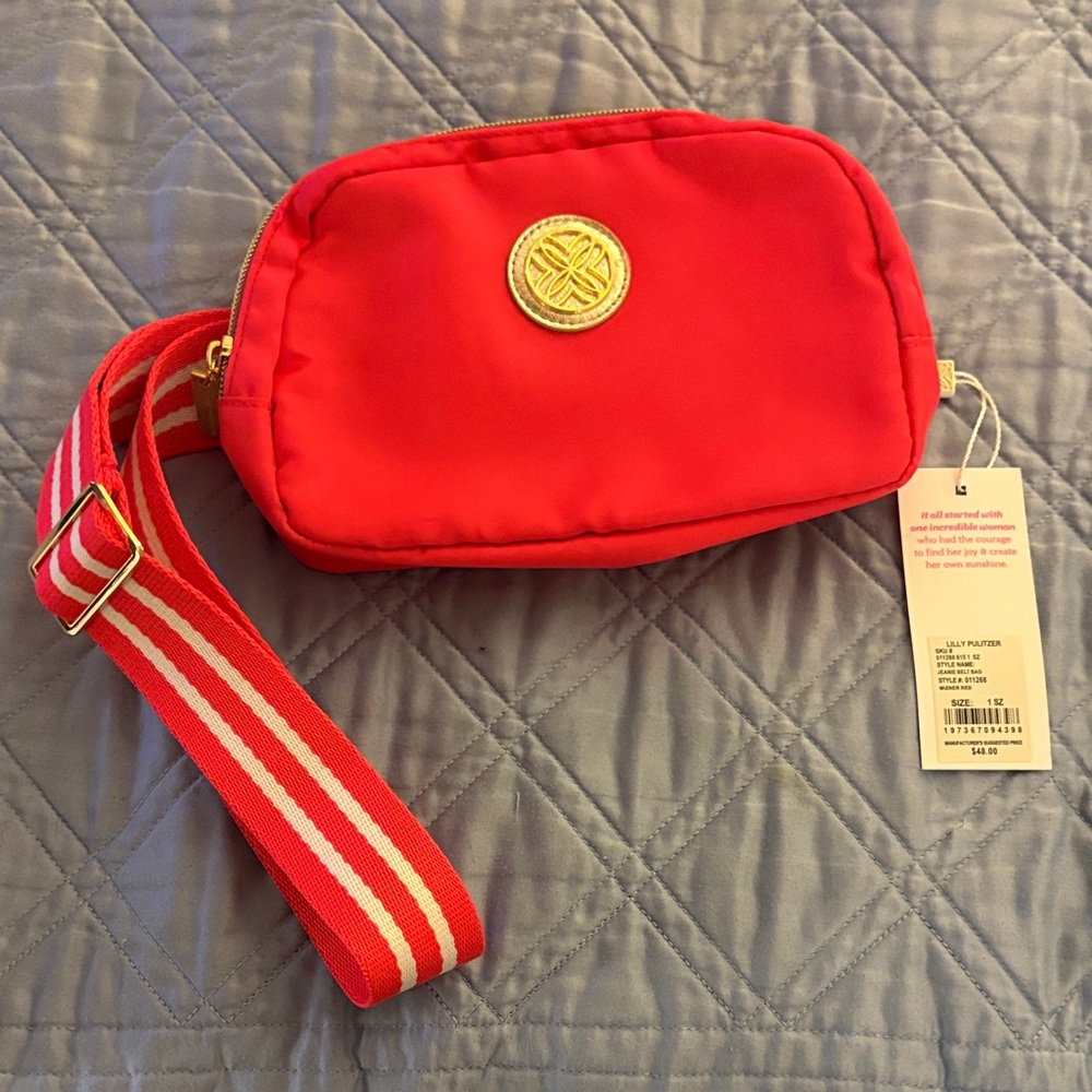 Lilly Pulitzer Red Crossbody Belt Bag with Striped Strap and Gold Emblem